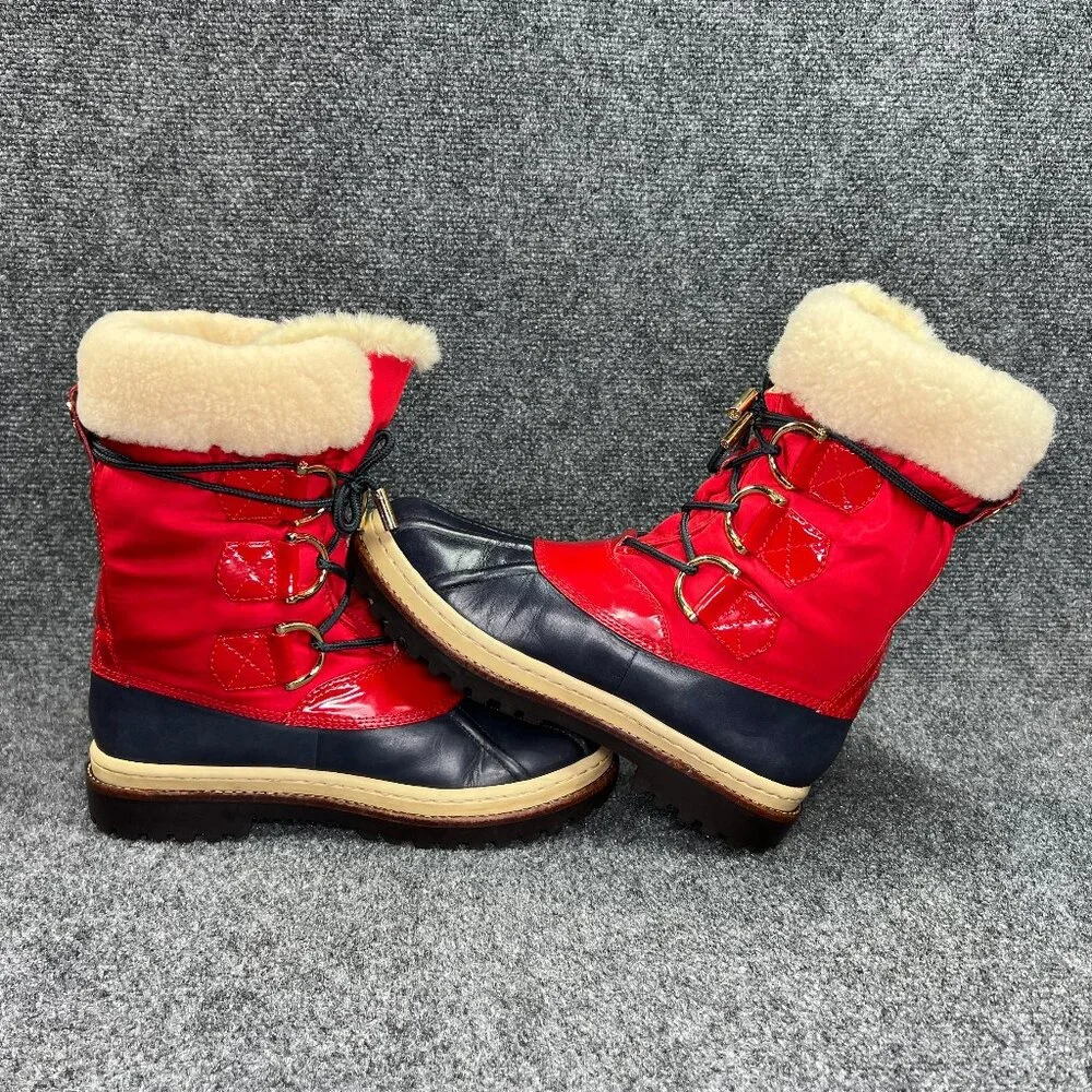 Tory Burch Winter Boots Women's 7.5 Red Blue Leather Lace Up Faux Fur Insulated‎